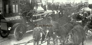 1890s Nyc Horse Drawn Steam Pumpers Fire Engines Fdny Glass Photo Negative - Bb
