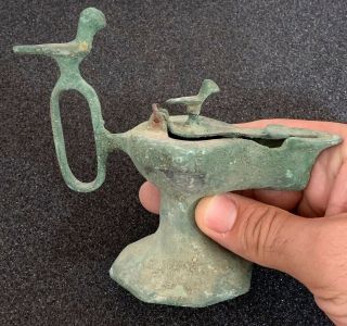 Scarce Ancient Roman Bronze Oil Lamp With Birds Circa 200 - 300ad 133mm