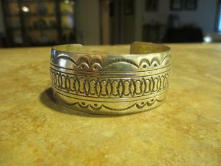 Wide Vintage Navajo Sterling Silver Stamped Design Cuff Bracelet