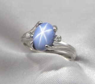 Vintage 14k White Gold Lab Blue Star Sapphire Accent Diamond Ring 2.  7g Size 4