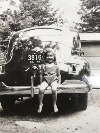Vintage 1942 Snapshot Photo Girl Sitting On Back Of Classic Car Rhode Island
