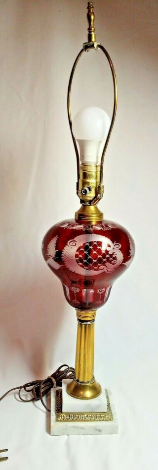 Vintage Etched Cranberry Glass Electric Table Lamp Marble Base Art Deco Brass