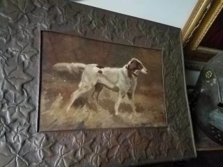 Antique Oil Painting Gun Dog Setter Hound Llewellin Arts Crafts Copper Frame
