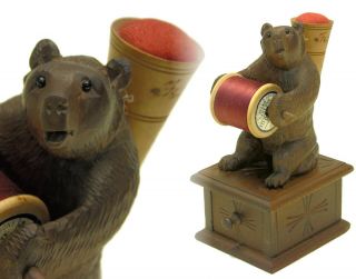 Vintage/antique Black Forest Carved Wood Bear Sewing Spool Holder & Pin Cushion