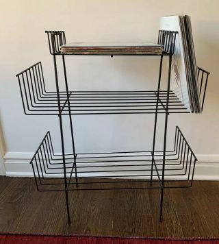 Vintage Mid Century Modern Black Wire Rack Record Stand Side Table Books Plants