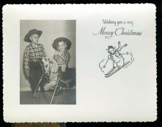 Vintage Merry Christmas Photo Greeting Card Little Boys Cowboy Outfits & Horsey