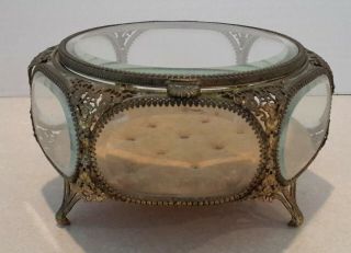Vintage Beveled Glass Ormolu Casket Trinket Jewelry Box