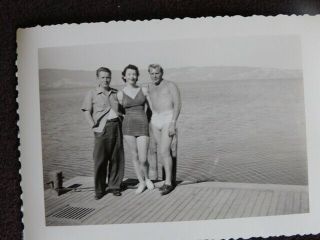 Shirtless Young Man In Tight Swim Suit With Woman & Man 1940 
