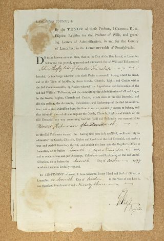 1794 Antique Document Lancaster Pa George Ross Son Of Declaration Signer