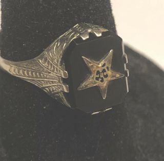 Vtg 10k Gold Masonic Order Of Eastern Star Ring Black Onyx Gem Enamel Size 6