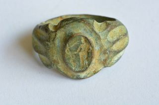 Greco - Roman Intaglio Bronze Ring Asclepius & Snake 200 Bc - 200 Ad Sz 9 3/4