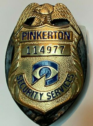 Vintage Obsolete Gold Pinkerton Security Services Badge In Leather Holder Sharp