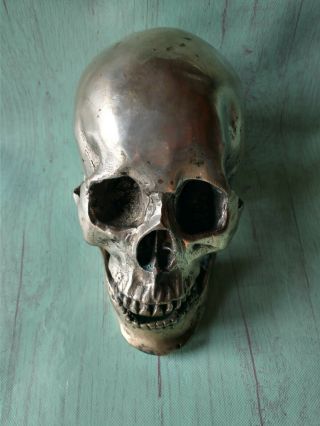 Vintage - Cast Metal - Human Skull - Life Size - 4lbs - Removable Jaw 2
