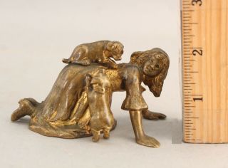 19thc Miniature Antique Gilt Bronze Sculpture Little Girl Playing W/ Puppy Dogs