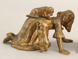 19thC Miniature Antique Gilt Bronze Sculpture Little Girl Playing w/ Puppy Dogs 2