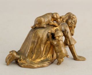 19thC Miniature Antique Gilt Bronze Sculpture Little Girl Playing w/ Puppy Dogs 3