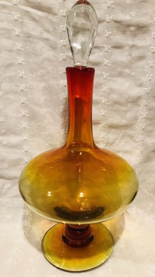 Vintage Blenko Glass Tangerine Amberina Pedestal Decanter