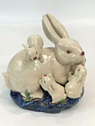 Vintage Crackle Glazed Ceramic Pottery Sculpture Bunny Rabbit Baby Centerpiece
