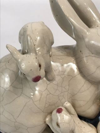 Vintage Crackle Glazed Ceramic Pottery Sculpture Bunny Rabbit Baby Centerpiece 2