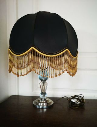 Vintage Très Belle Lampe De Table Luminaire Avec Abat Jour À Franges Perlées