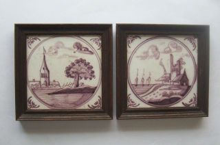 Two Delft Tiles With Frames 18th / 19th Century (z 2) Coastal Scenes