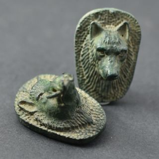 Roman Art Wolf And A Boar Heads Miniatures Bronze Lost Wax Casting Technique