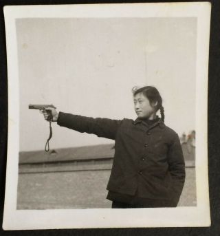 China Militia Girl Pistol Shooting Chinese Woman Photo 1960s Orig.