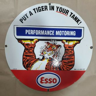 Esso Tiger Performance Motoring Vintage Porcelain Sign 30 Inches Round