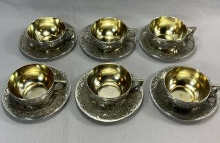 Antique Persian 84 Silver Cup & Saucer Set Hand Carved Decorations 19ozt / 591g