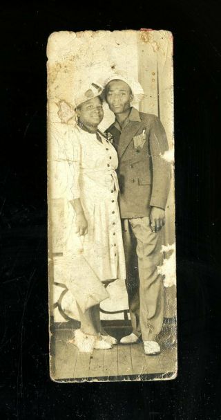 Vintage Arcade Photo African American Couple Man In Odd Hat Distressed Trimmed