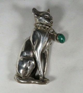 Vintage Sterling Silver Cat Pin With Articulated Malachite Cat Collar