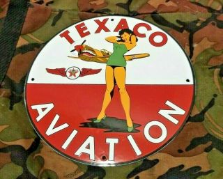 Vintage Texaco Gasoline Porcelain Aviation Military Ww2 Pin Up Girl Service Sign
