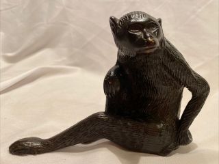 Fine Vintage Cast Bronze Verdigris Relaxing Monkey Sculpture By Maitland Smith