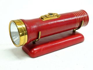 Rare Vintage 1952 Red Leather Eveready Display Flashlight On Cradle Stand