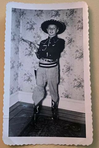 1950s Vintage Photo Boy In Cowboy Costume W Hat Gun And Boots
