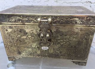 Estate Vintage Chinese Storyteller Engraved Brass Trunk Jewelry Chest Box