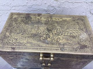 ESTATE VINTAGE CHINESE STORYTELLER ENGRAVED BRASS TRUNK JEWELRY CHEST BOX 2