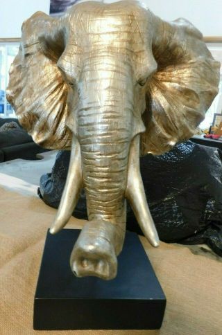Large 19 1/4 " Elephant Head Statue On Stand Home Decor Animals Trunk Up Gold
