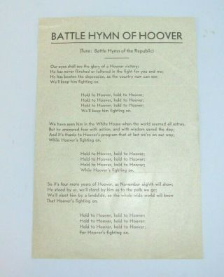 1932 Herbert Hoover Political Campaign Song Battle Hymn Of Hoover