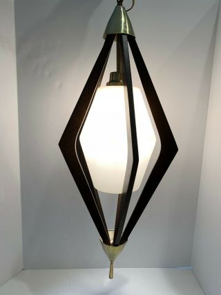 Vintage Mid - Century Modern Swag/hanging Lamp: Classic Glass Brass & Wood Design