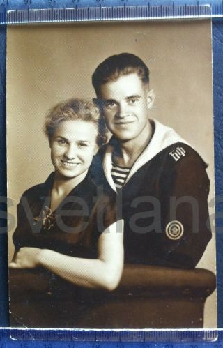 1956 Cute Couple Sailor Girl Handsome Young Man Guy Blond Boy Su Vintage Photo