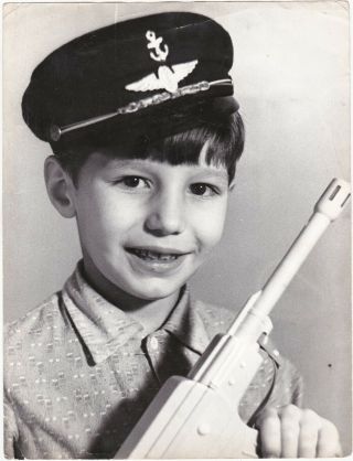 1970s Big Cute Little Boy In Cap W/ Toy Gun Children Ussr Old Russian Photo