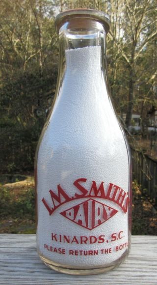 Sc I.  M.  Smith Dairy Kinards South Carolina Quart Color Label Milk Bottle