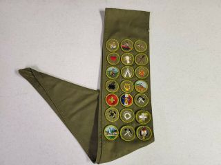 Vintage Boy Scout Merit Badge Sash With 21 Badges 1963 - 1966