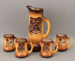 Antique Taylor Smith German Bull Jack Russell Terrier Dog Porcelain Pitcher Mugs