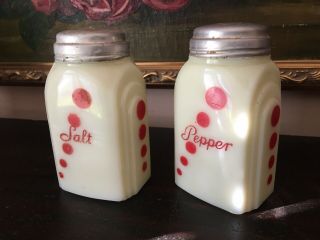 Vintage Mckee Red Dots Milk Glass Roman Arch Salt & Pepper Shakers