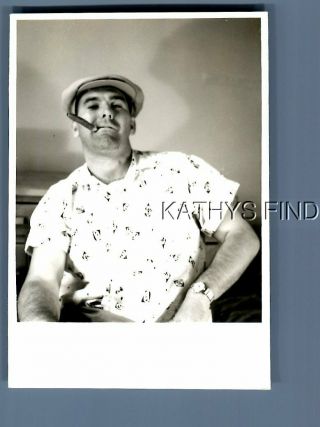 Found B&w Photo M,  8248 Man In Hat Posed With Cigar In Mouth