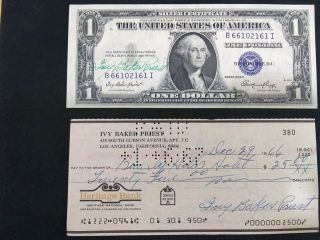 Ivy Baker Priest Signed Check W One Dollar Silver Certificate Courtesy Autograph
