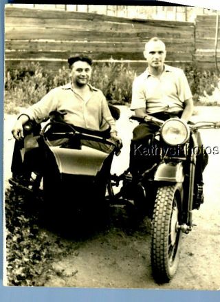 Found B&w Photo N_4587 Men Sitting On Motorcycle And Side Car