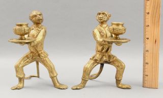 Pair Antique 19thc Bronze Dressed Monkey Candlestick Sculptures.